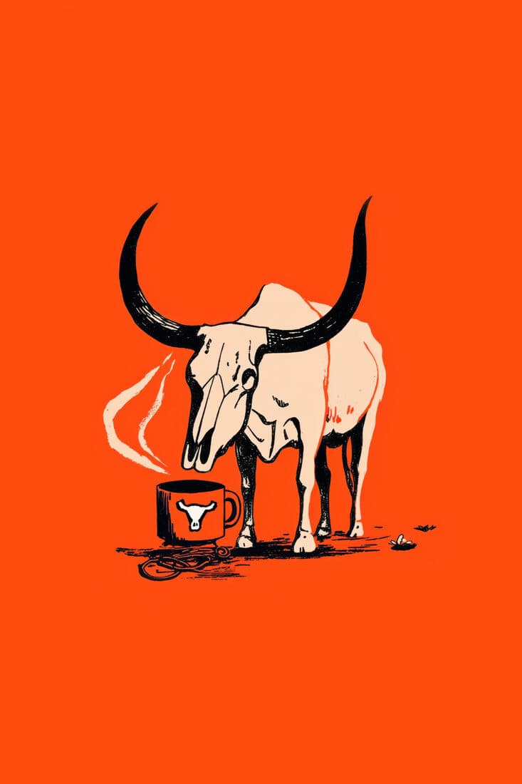 Big Screen Studios art print: a longhorn skull standing over a steaming, branded coffee mug.
