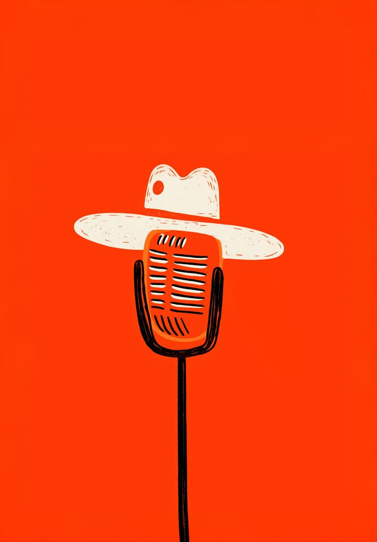 Big Screen Studios art print: a cowboy hat resting on a vintage broadcast microphone.