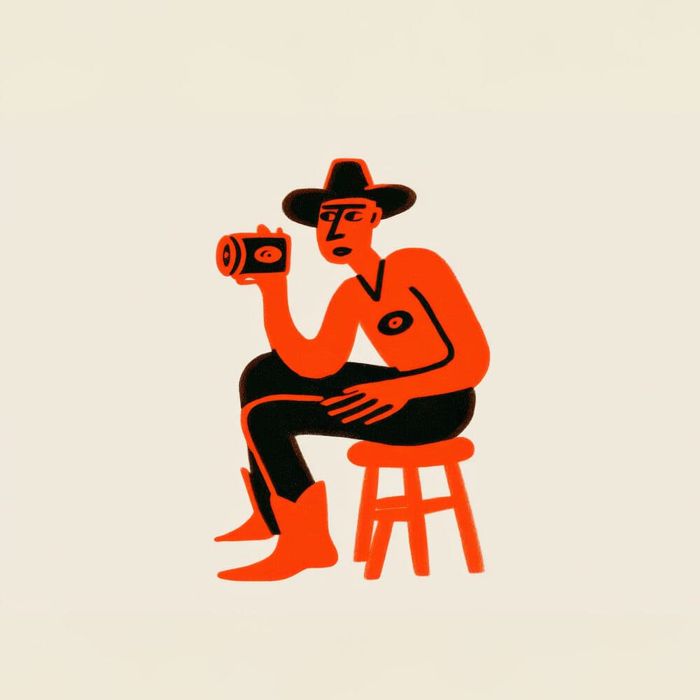 Big Screen Studios art print: a seated cowboy raising a camera to take a shot.
