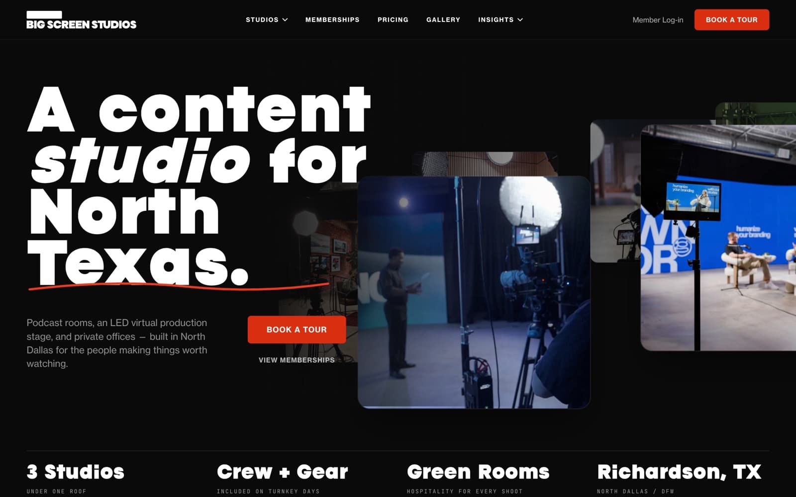 The bigscreentx.com homepage: the headline 'A content studio for North Texas' beside photos of the studio spaces, with a Book a Tour button.