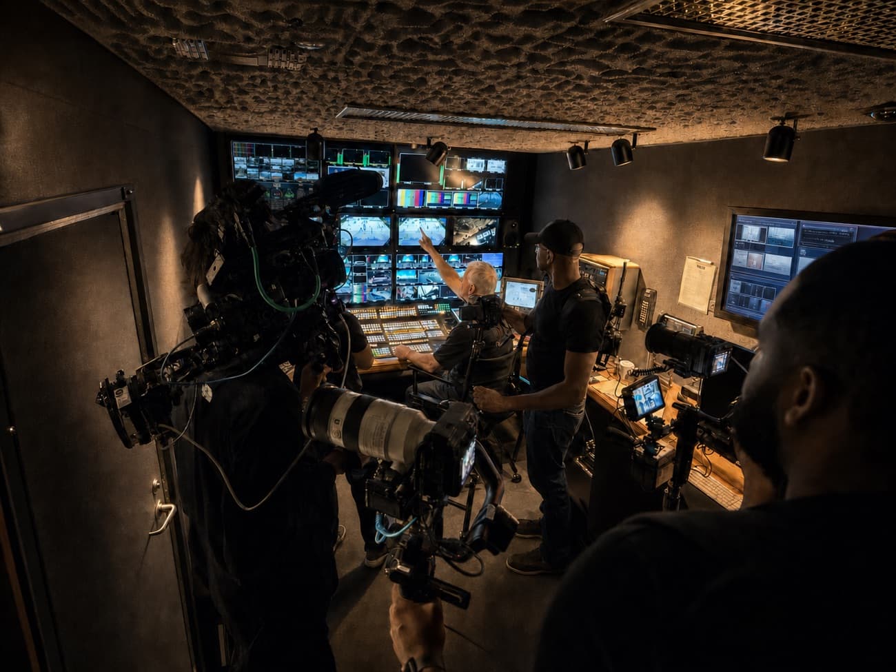 The Griffith crew inside a production truck, cameras in the foreground and a wall of program monitors ahead.