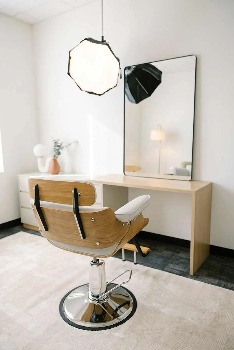 The green room at Big Screen Studios: a styling chair facing a large mirror and vanity under soft lighting.
