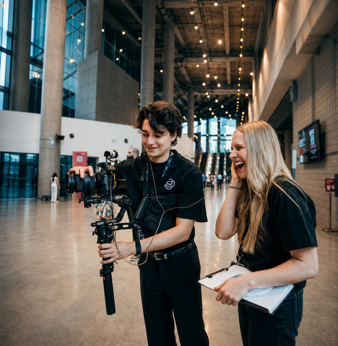 Grace Griffith laughing with a clipboard beside a Griffith camera operator in a convention-center lobby